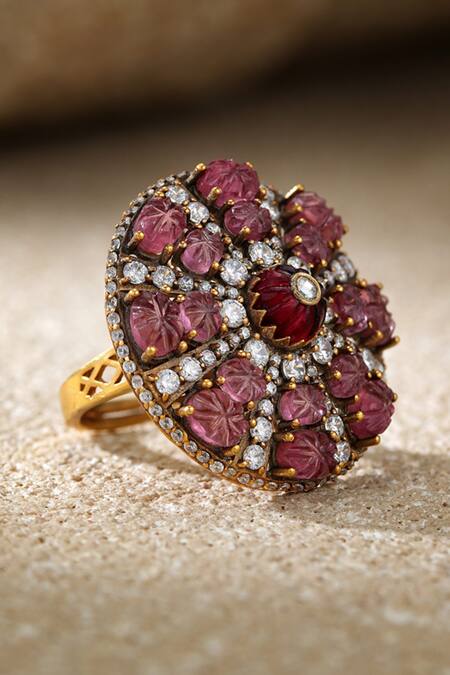 Tarun Tahiliani_Pink Crystals, Stones Ruby Melons Silver Ring _Online_at_Aza_Fashions