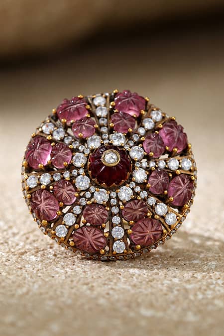 Shop_Tarun Tahiliani_Pink Crystals, Stones Ruby Melons Silver Ring _at_Aza_Fashions