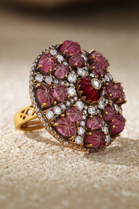 Buy_Tarun Tahiliani_Pink Crystals, Stones Ruby Melons Silver Ring _Online_at_Aza_Fashions