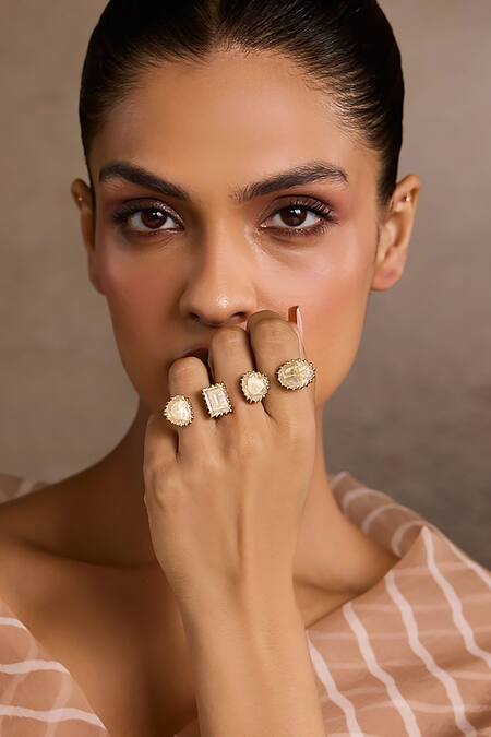 Tarun Tahiliani_Gold Plated Stones Open Zircon Silver Ring _Online_at_Aza_Fashions