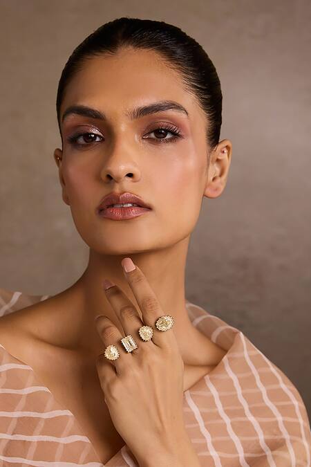 Shop_Tarun Tahiliani_Gold Plated Stones Open Zircon Silver Ring _Online_at_Aza_Fashions
