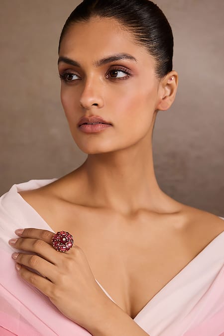 Tarun Tahiliani Pink Stones Ruby Silver Ring 
