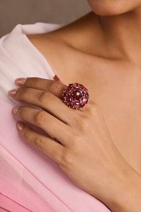 Tarun Tahiliani_Pink Stones Ruby Silver Ring _Online_at_Aza_Fashions