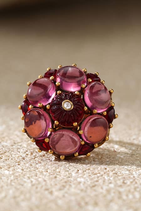 Shop_Tarun Tahiliani_Pink Stones Ruby Silver Ring _at_Aza_Fashions