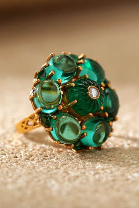 Tarun Tahiliani_Emerald Green Stones Silver Ring _Online_at_Aza_Fashions