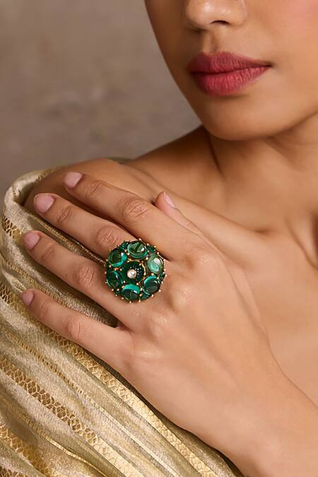 Buy_Tarun Tahiliani_Emerald Green Stones Silver Ring _Online_at_Aza_Fashions