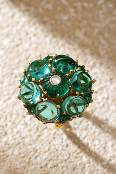 Shop_Tarun Tahiliani_Emerald Green Stones Silver Ring _at_Aza_Fashions