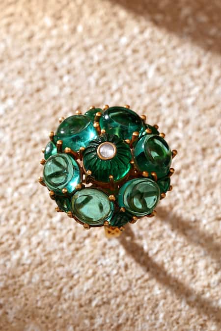 Tarun Tahiliani_Emerald Green Stones Silver Ring _at_Aza_Fashions