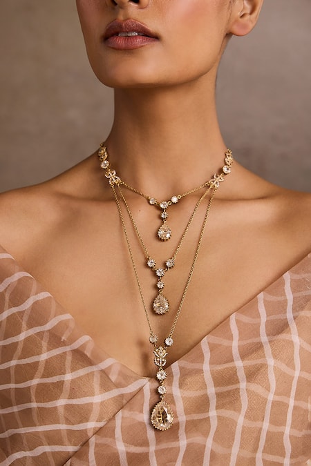 Tarun Tahiliani Gold Plated Multi Layered Silver Necklace Online at Aza Fashions Tarun Tahiliani_Gold Plated Multi Layered Silver Necklace _Online_at_Aza_Fashions