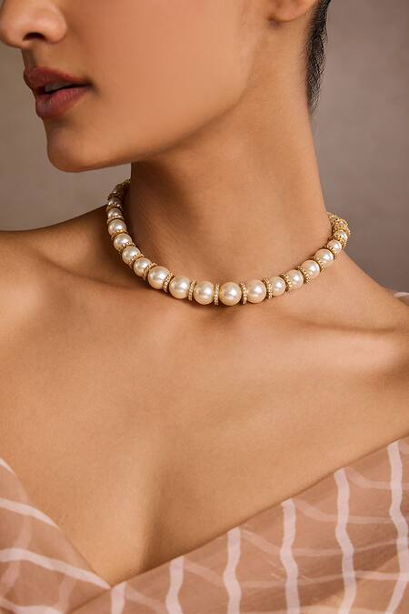 Tarun Tahiliani_Silver Plated Swarovski Pearl Choker Necklace _Online_at_Aza_Fashions