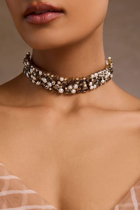 Tarun Tahiliani_Gold Plated Pearl Silver Choker _Online_at_Aza_Fashions