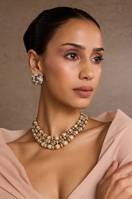 Shop_Tarun Tahiliani_Gold Plated Multi Layered Necklace _Online_at_Aza_Fashions