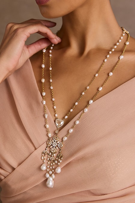 Tarun Tahiliani_Gold Plated Zircon Silver Pendant Necklace _Online_at_Aza_Fashions