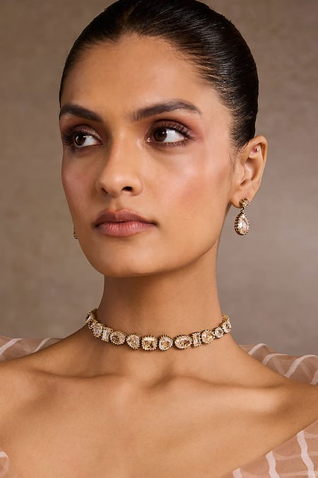 Tarun Tahiliani Zircon Studded Silver Choker Necklace 
