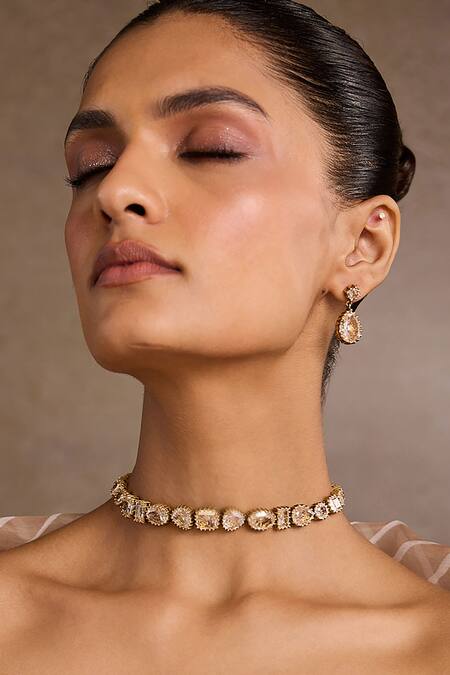 Tarun Tahiliani_Gold Plated Zircon Studded Silver Choker Necklace _Online_at_Aza_Fashions