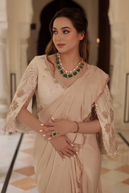 Shop Shreeka Ivory Georgette, Silk, Crepe Sequins, Embroidered Blouse And Pre-draped Saree Set Shop_Shreeka_Ivory Georgette, Silk, Crepe Sequins, Embroidered Blouse And Pre-draped Saree Set