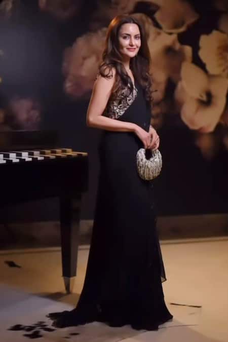 Shreeka Black Georgette Silk Hand Embroidered Zari V Neck Blouse And Pre-draped Saree Set 