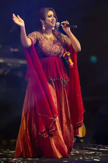Shreeka Red Georgette Embroidered 3d V-neck Floral Applique Peplum Kurta With Sharara 