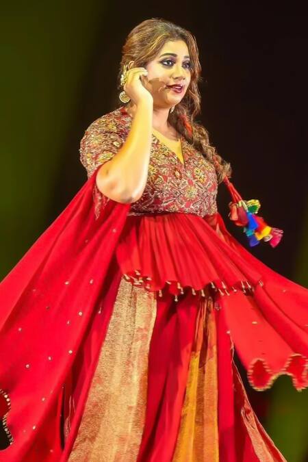 Shop Shreeka Red Georgette, Silk, Chanderi Sequins, Floral Applique Peplum Kurta With Sharara Online at Aza Fashions Shop_Shreeka_Red Georgette, Silk, Chanderi Sequins, Floral Applique Peplum Kurta With Sharara _Online_at_Aza_Fashions