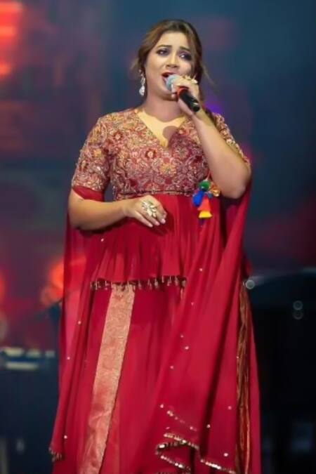 Shop Shreeka Red Georgette, Silk, Chanderi Sequins, Floral Applique Peplum Kurta With Sharara Shop_Shreeka_Red Georgette, Silk, Chanderi Sequins, Floral Applique Peplum Kurta With Sharara