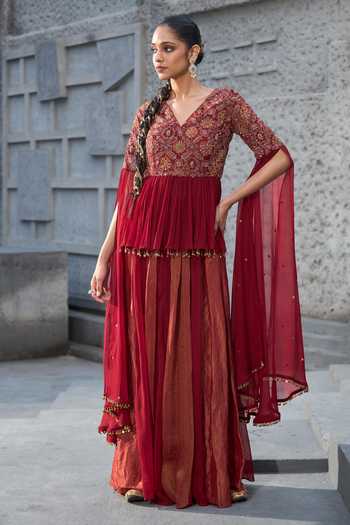 Buy Shreeka Red Georgette, Silk, Chanderi Sequins, Floral Applique Peplum Kurta With Sharara Online at Aza Fashions Buy_Shreeka_Red Georgette, Silk, Chanderi Sequins, Floral Applique Peplum Kurta With Sharara _Online_at_Aza_Fashions