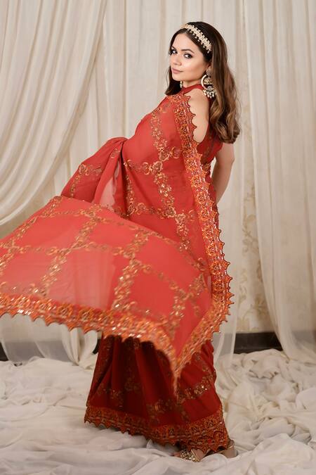 Buy Shreeka Brown Georgette, Viscose, Silk Embroidery Hand Screen Print Saree With Blouse Buy_Shreeka_Brown Georgette, Viscose, Silk Embroidery Hand Screen Print Saree With Blouse