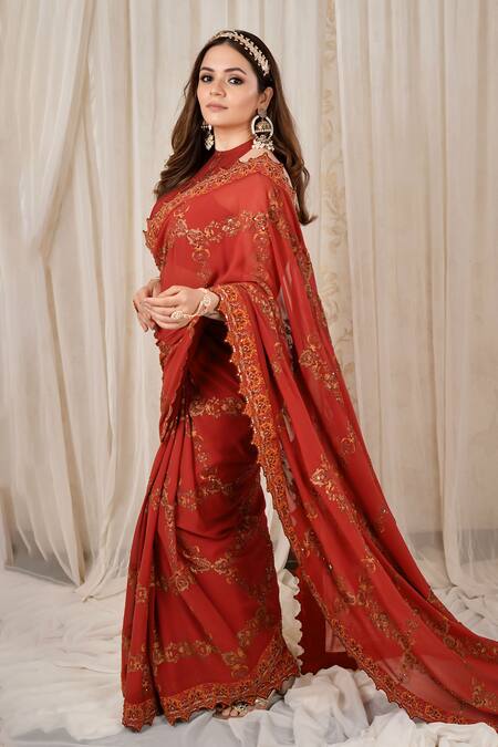 Shop Shreeka Brown Georgette, Viscose, Silk Embroidery Hand Screen Print Saree With Blouse Shop_Shreeka_Brown Georgette, Viscose, Silk Embroidery Hand Screen Print Saree With Blouse