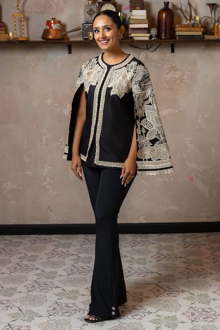Shreeka Black Chanderi, Silk Sequins, Pearls Applique Embroidered Jacket And Pant Set 