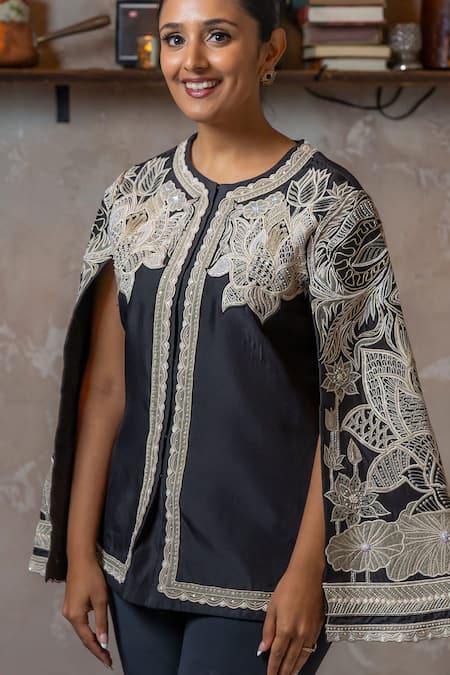 Shop_Shreeka_Black Chanderi, Silk Sequins, Pearls Applique Embroidered Jacket And Pant Set 