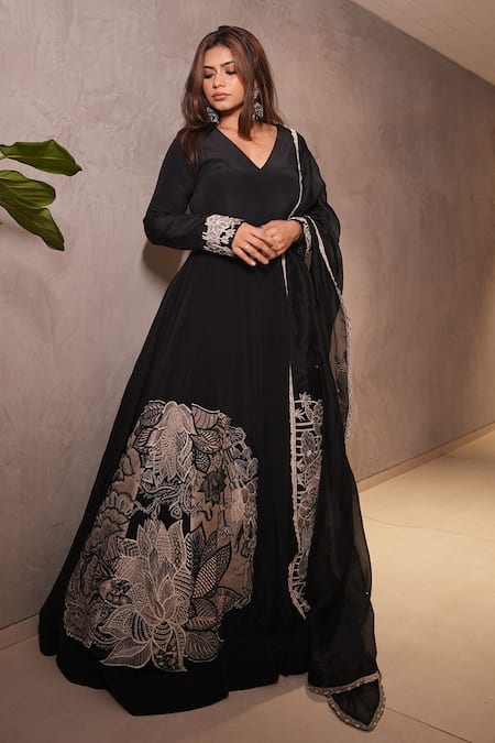 Shop_Shreeka_Black Viscose, Silk, Lycra, Organza, Net Embroidery Flower Chintz Anarkali Set 