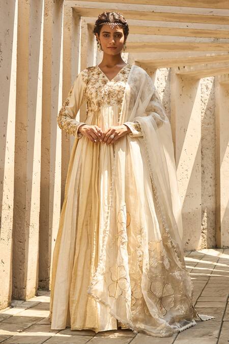 Buy_Shreeka_Ivory Silk, Net, Chanderi, Lycra, Tissue Zardozi Gradient Anarkali With Dupatta 