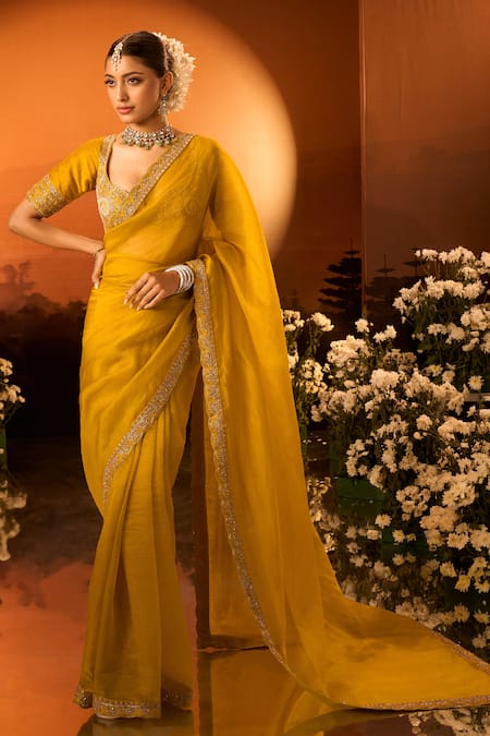 Neha Khullar x AZA Yellow Silk Chanderi Embroidered Saree Set 