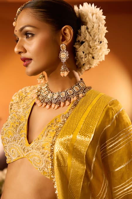 Shop_Neha Khullar X AZA_Yellow Organza Sequins, Embroidery V-neck Banarasi Chanderi Lehenga Set _Online_at_Aza_Fashions