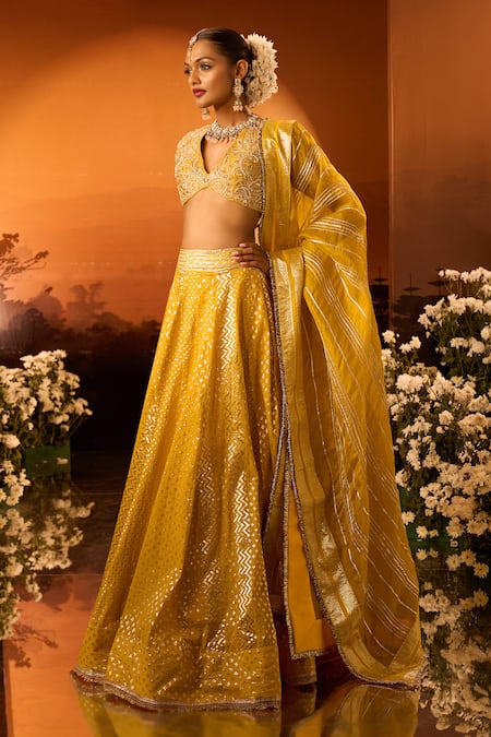 Shop_Neha Khullar X AZA_Yellow Organza Sequins, Embroidery V-neck Banarasi Chanderi Lehenga Set 