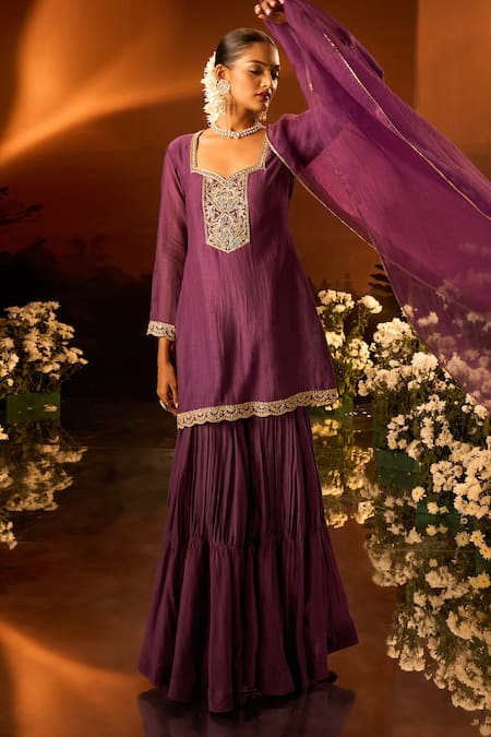 Shop Neha Khullar X AZA Purple Chanderi, Silk, Organza Embroidery Kurta Gharara Set at Aza Fashions Shop_Neha Khullar X AZA_Purple Chanderi, Silk, Organza Embroidery Kurta Gharara Set _at_Aza_Fashions