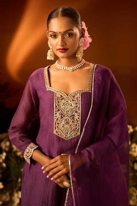 Neha Khullar X AZA Purple Chanderi, Silk, Organza Embroidery Kurta Gharara Set Online at Aza Fashions Neha Khullar X AZA_Purple Chanderi, Silk, Organza Embroidery Kurta Gharara Set _Online_at_Aza_Fashions