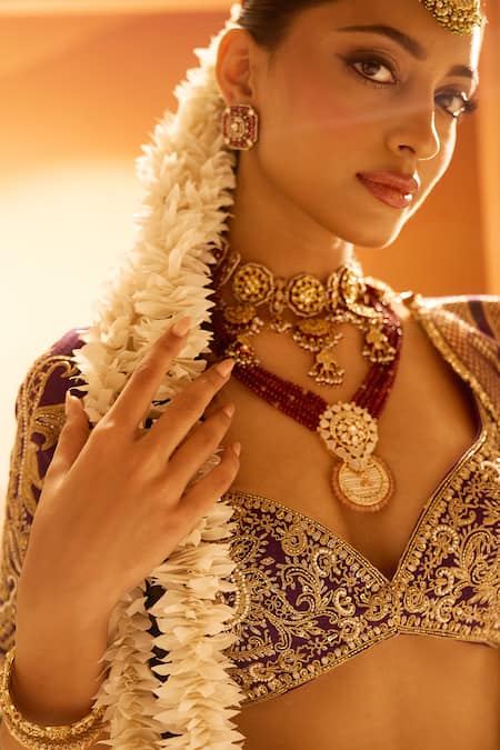 Shop Neha Khullar X AZA Purple Organza Embroidery Plunge Neck Banarasi Chanderi Lehenga Set Online at Aza Fashions Shop_Neha Khullar X AZA_Purple Organza Embroidery Plunge Neck Banarasi Chanderi Lehenga Set _Online_at_Aza_Fashions