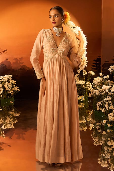 Neha Khullar X AZA_Pink Silk, Chanderi, Organza Embroidery V-neck Anarkali Set _Online_at_Aza_Fashions