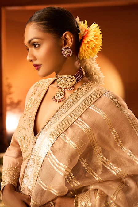 Buy_Neha Khullar X AZA_Pink Silk, Chanderi, Organza Embroidery V-neck Anarkali Set _Online_at_Aza_Fashions