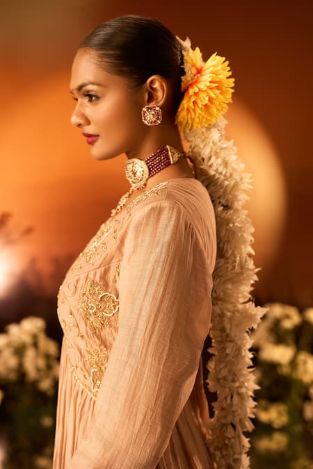 Neha Khullar X AZA_Pink Silk, Chanderi, Organza Embroidery V-neck Anarkali Set _at_Aza_Fashions