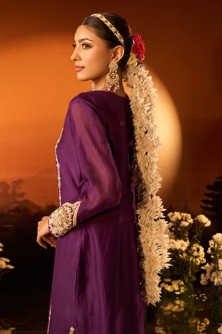 Neha Khullar X AZA_Purple Silk, Chanderi, Organza Embroidery Round Neck Kurta Set _Online_at_Aza_Fashions