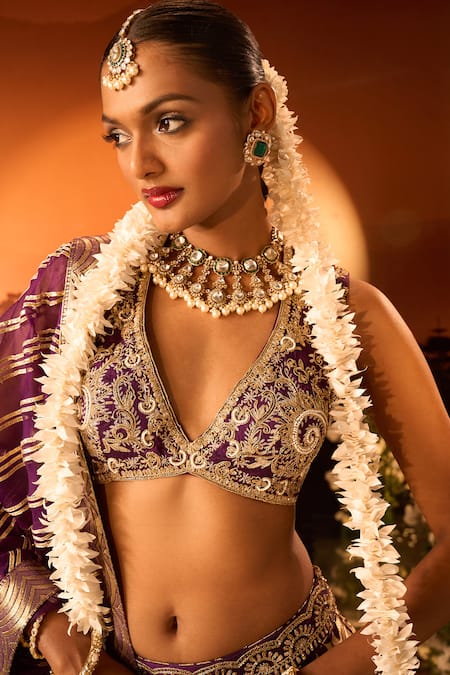 Buy_Neha Khullar X AZA_Purple Organza Embroidery Plunge Neck Banarasi Chanderi Lehenga Set 