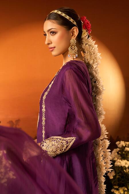 Shop_Neha Khullar X AZA_Purple Silk, Chanderi, Organza Embroidery Round Neck Kurta Set _Online_at_Aza_Fashions