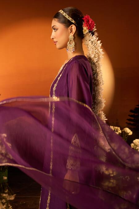 Neha Khullar X AZA_Purple Silk, Chanderi, Organza Embroidery Round Neck Kurta Set _at_Aza_Fashions