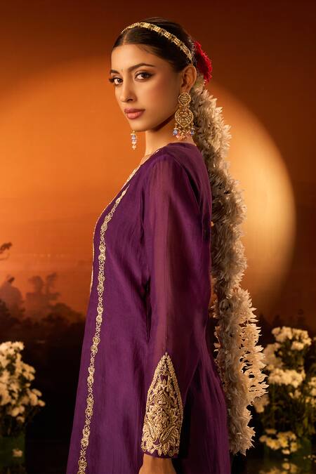 Buy_Neha Khullar X AZA_Purple Silk, Chanderi, Organza Embroidery Round Neck Kurta Set 