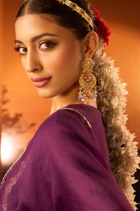 Shop_Neha Khullar X AZA_Purple Silk, Chanderi, Organza Embroidery Round Neck Kurta Set 