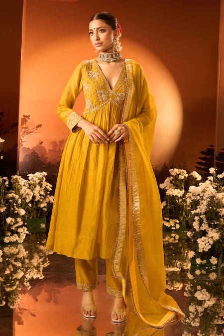 Neha Khullar x AZA Yellow Anarkali Set with Pant & Dupatta 