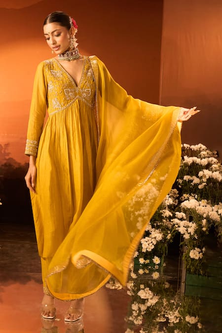Neha Khullar X AZA_Yellow Silk, Chanderi, Organza Embroidery Anarkali Set With Pant And Dupatta _Online_at_Aza_Fashions