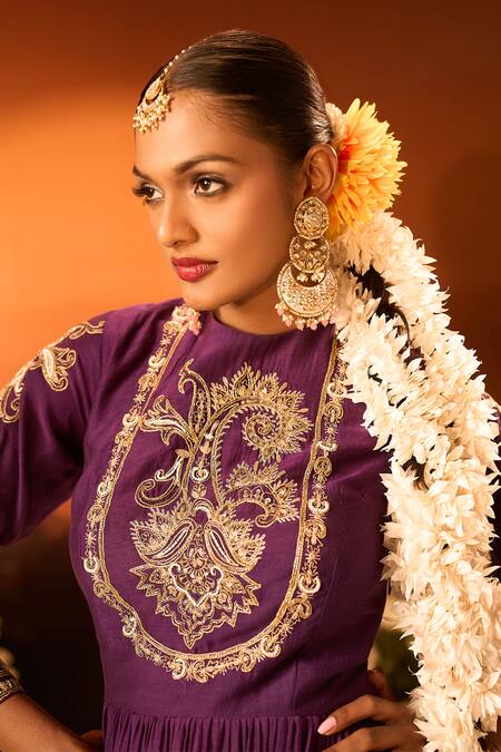 Neha Khullar X AZA Purple Silk, Chanderi, Organza Sequins, Embroidery, Zari Round Neck Anarkali Set at Aza Fashions Neha Khullar X AZA_Purple Silk, Chanderi, Organza Sequins, Embroidery, Zari Round Neck Anarkali Set _at_Aza_Fashions