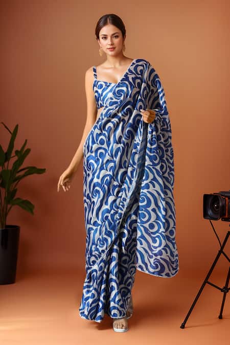 Samyukta Singhania Blue Printed Pre-Draped Saree Set 